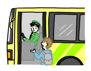 バスの運転手に行き先を尋ねる 日本語の絵